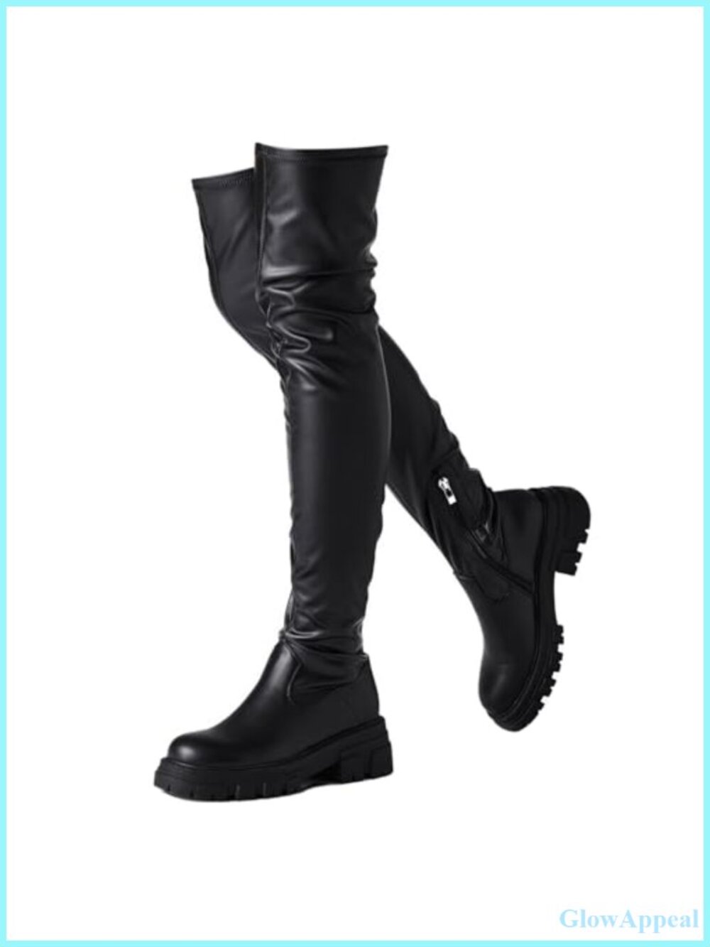 Thigh High Platform Boots Faux Leather Chunky Heel Stretchy Over Knee